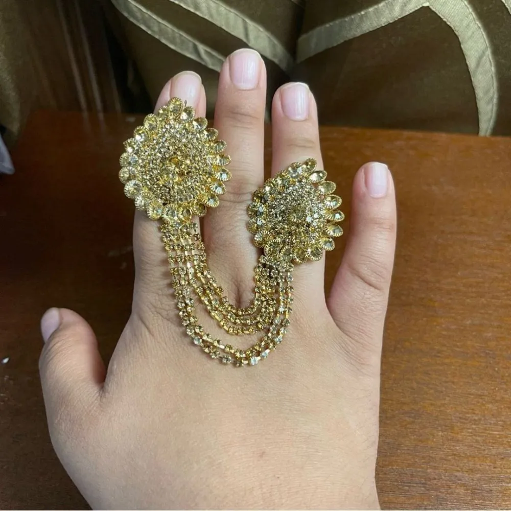 FINAL PRICE Adjustable dual finger rings in Color Gold filled with rhinestones - Image 2