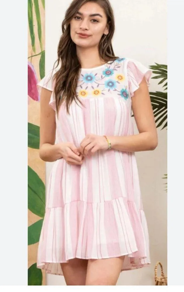 Anthropologie Pink embroidered 1XL boho Flutter Sleeve dress Perch pink floral - Image 2