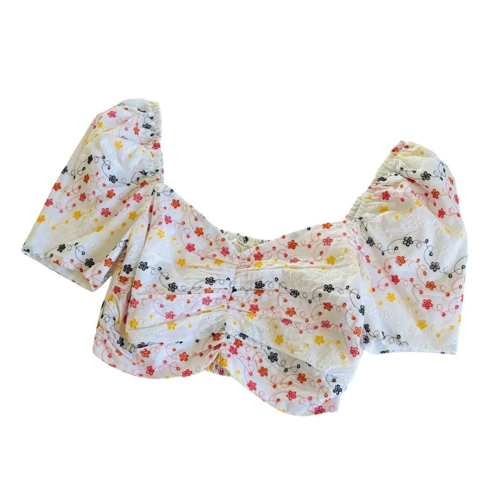 Tularosa Sable White Multicolor Embroidered Floral Ruched Eyelet Crop Top Large - Image 7