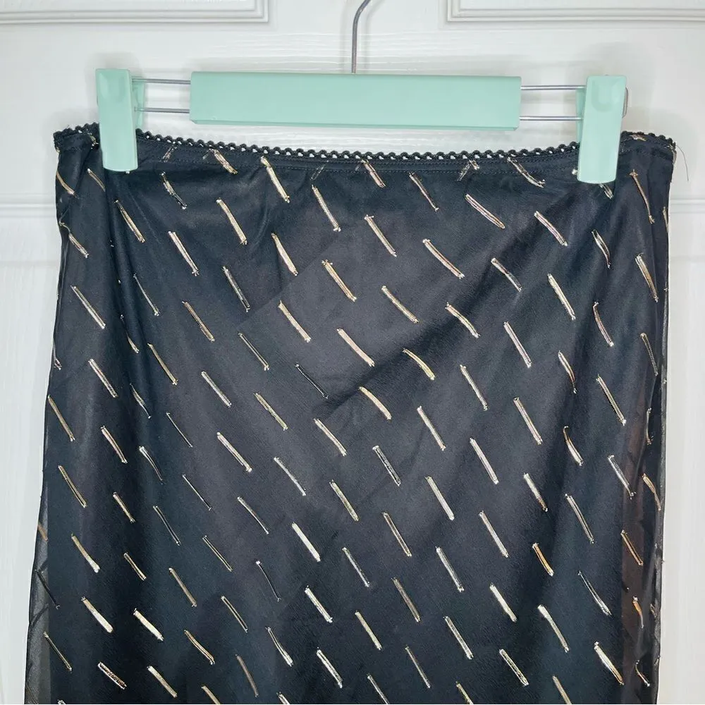 BAND OF GYPSIES Gold Metallic Flocked Overlay Midi Skirt Black M NWT - Image 6