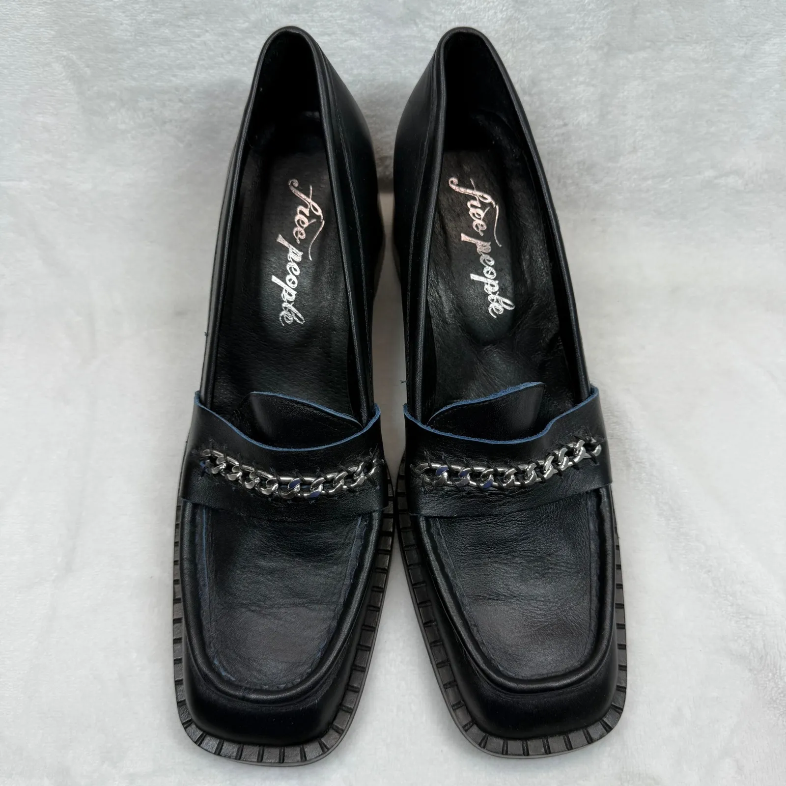 Free People Hayden Black Leather Heeled Loafers Chain Accent Size‎ 41 US 10 - Image 2