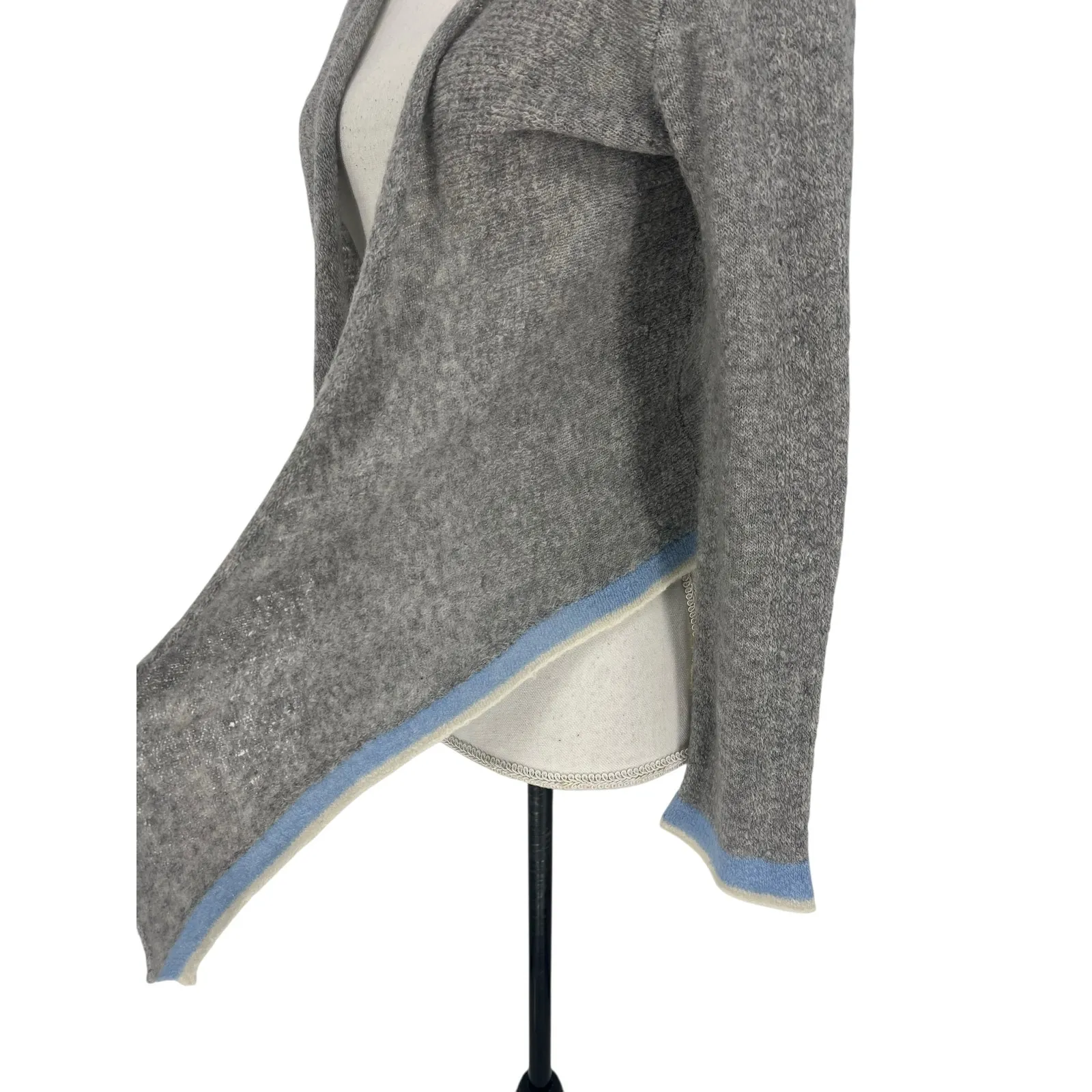 Casmari Gray Open Front Cashmere Blend Sweater with Blue & White Stripe Trim - Image 4