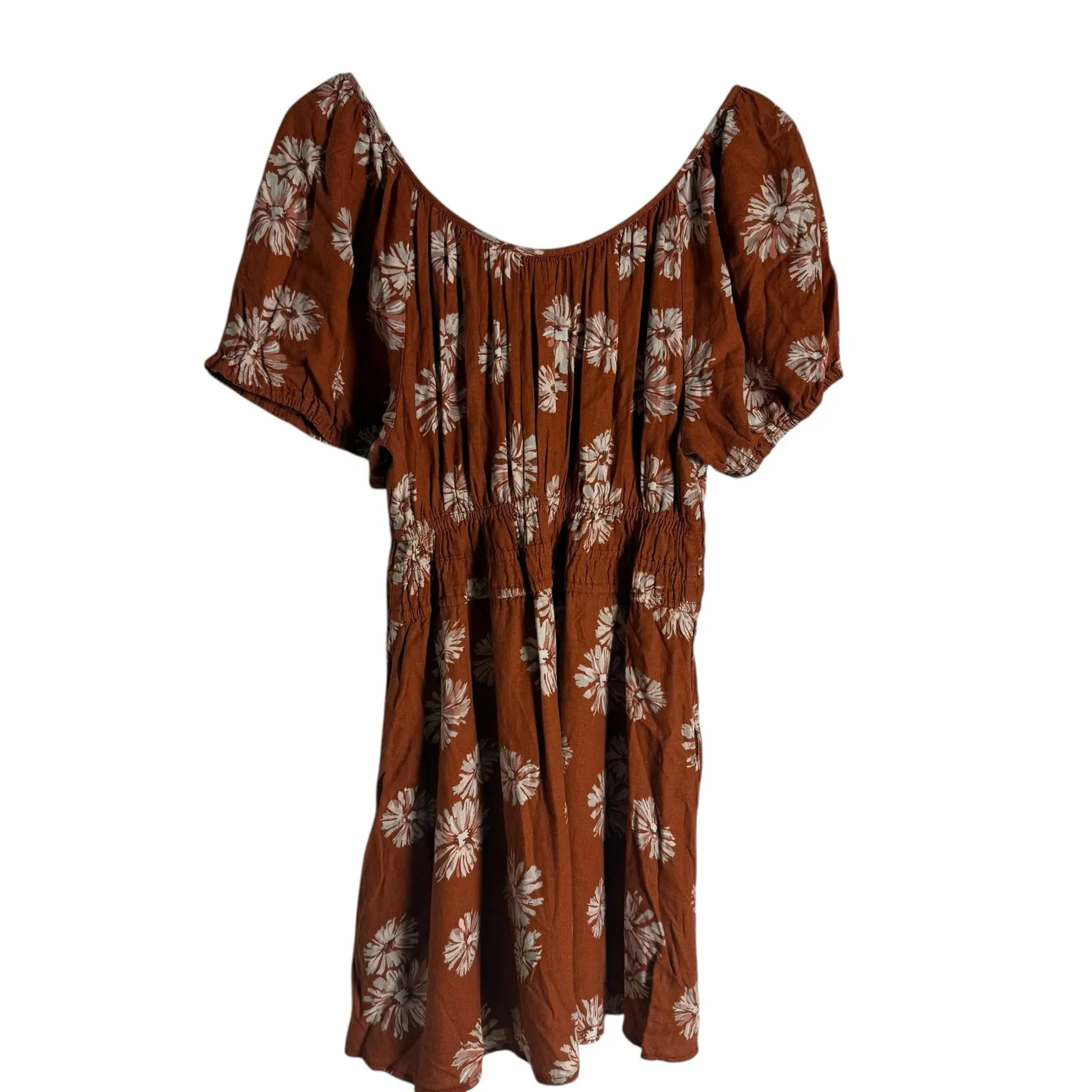 Madewell Linen Sophia Torch Rust Floral Print Smocked Puff Sleeve Short Dress M - Image 8