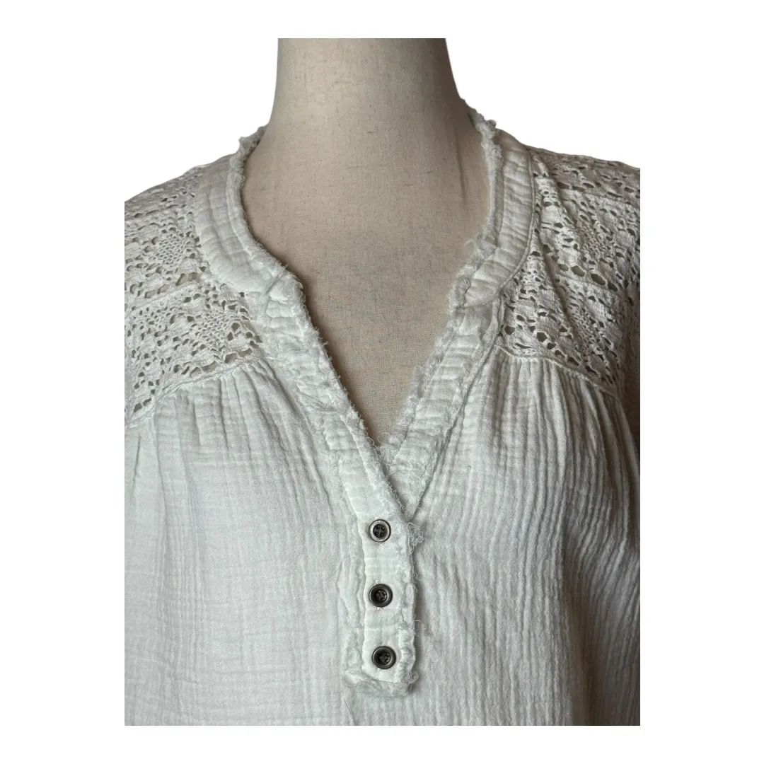 FRYE Shirt Women Medium White Cotton Lace‎ Crochet Raw Trim Cap Sleeve Top Boho - Image 3