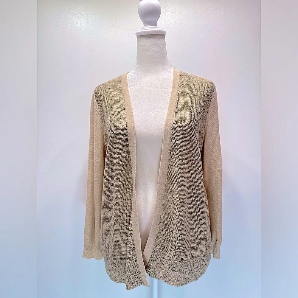 Loft Beige Linen Cotton Blend Mixed Knit Open Front Cardigan with Sequins Small - Image 2
