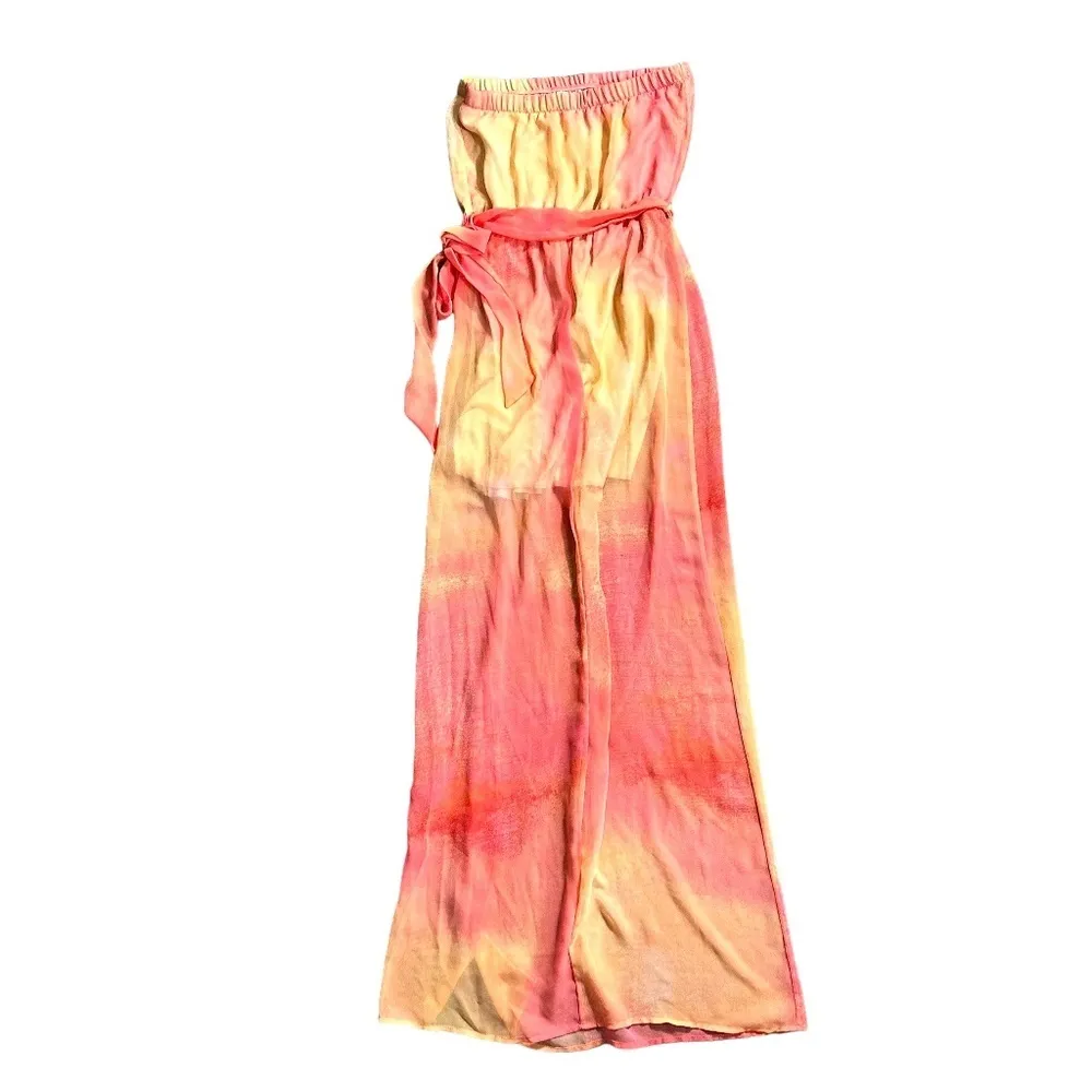 | Lush | Peachy Yellow Tie-Dye Breezy Sheer Tube Strapless High Slit Maxi Dress - Image 6