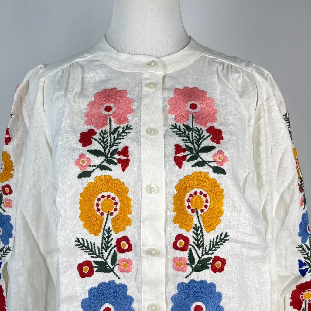 NWOT Boden Embroidered Floral Ivory Long Sleeves White Linen Top Shirt Blouse 12 - Image 3