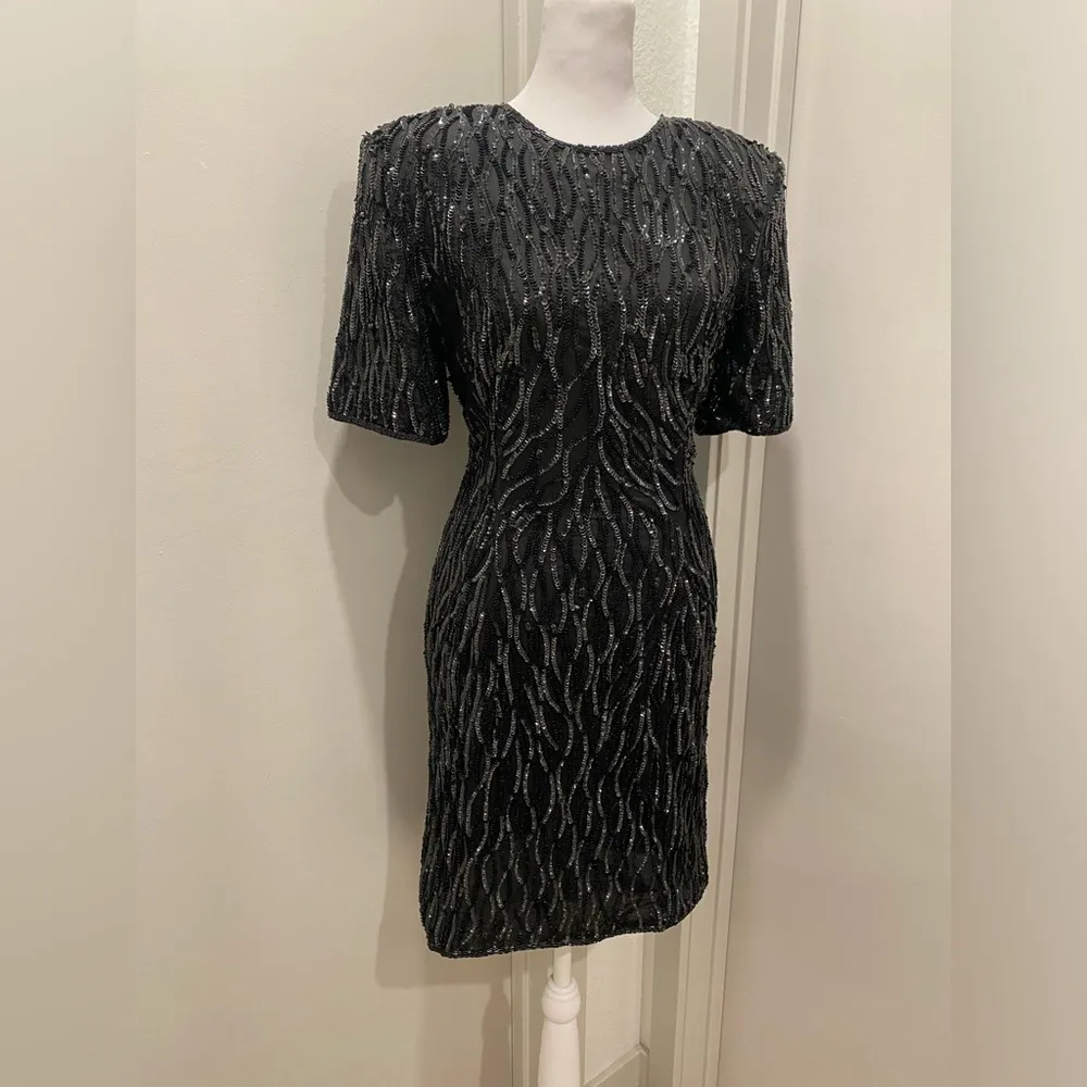 VTG 80s Stenay Black Sequin Formal Cocktail Party Above Knee Short Sleeve Dress Size 10 - Image 4