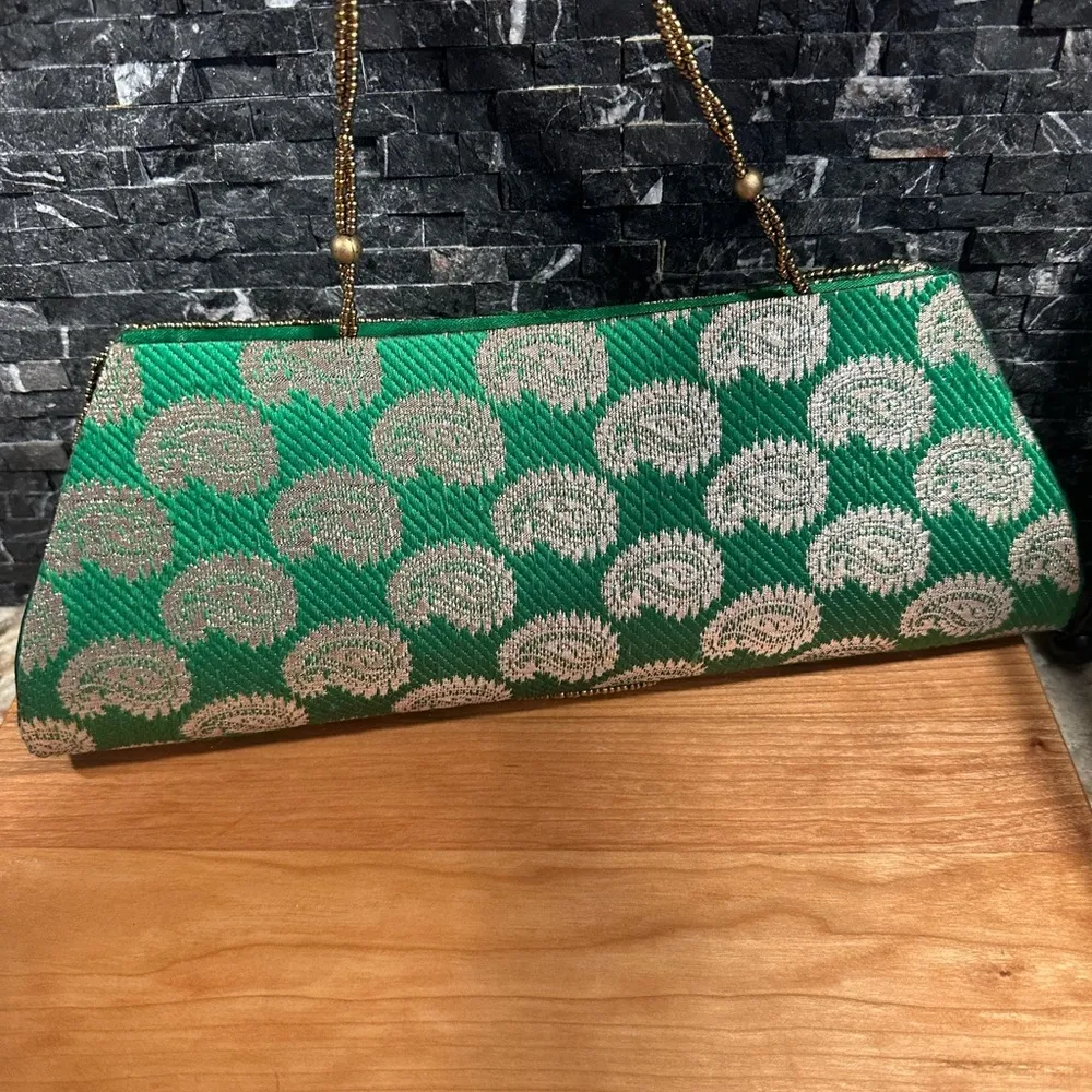 Evening Bag Beaded Sequin Clutch India Purse Green Gold Prom Formal - Image 4