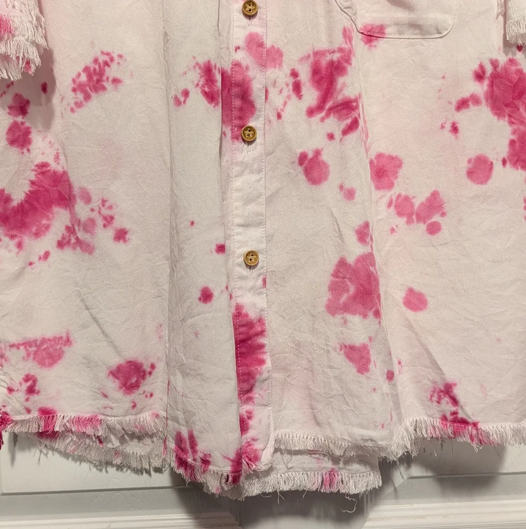White Birch Tie Dye Fringe Button Down Shirt Pink White Medium Short Sleeve - Image 7