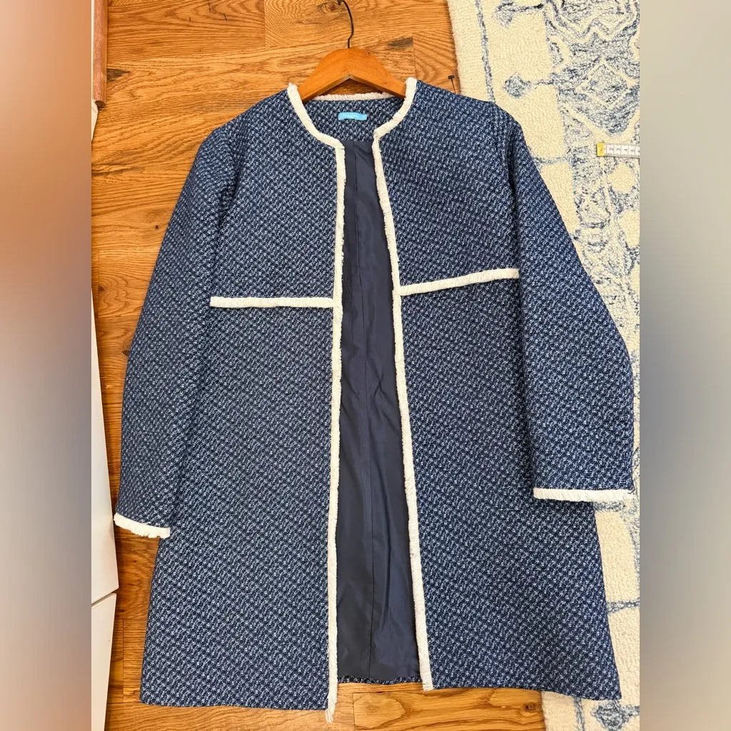 J. McLaughlin Fringed Tweed Coat Women's Size S Hook & Eye Closure Midi Pockets - Image 6