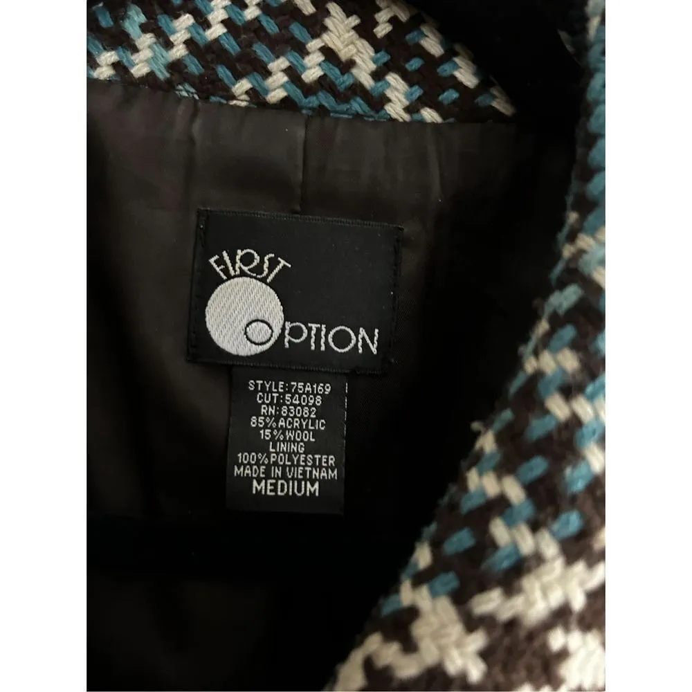 First Option LINED blazer JACKET teal blue WHITE & brown PLAID SIZE M Blue Size M - Image 3