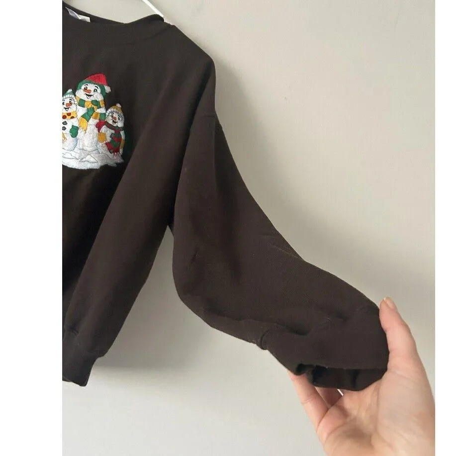 Vintage Women’s Brown Gildan Happy Snowman Embroidered Sweatshirt Size Large - Image 4