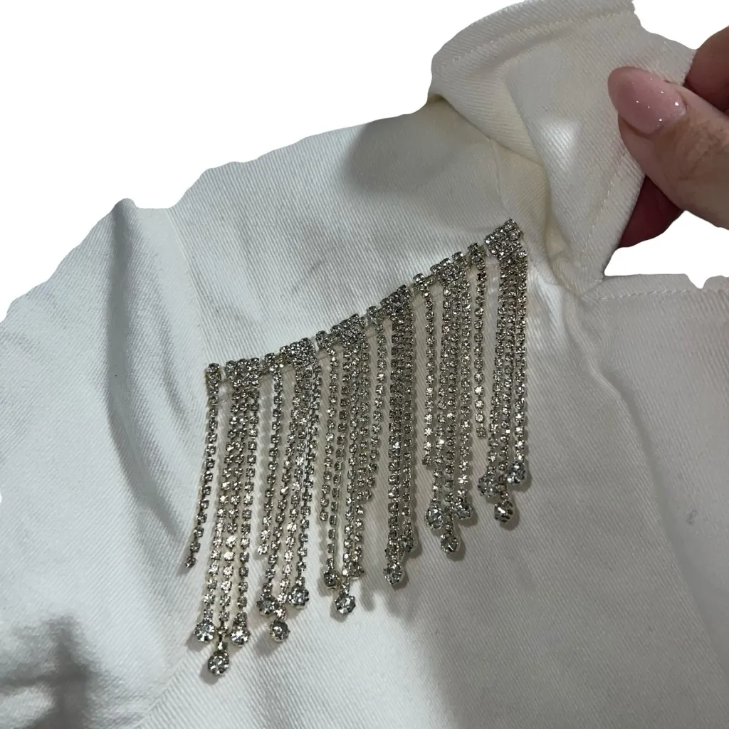 NEW NWT Show Me Your Mumu Outlaw Romper White Rhinestone Fringe Denim - Image 7