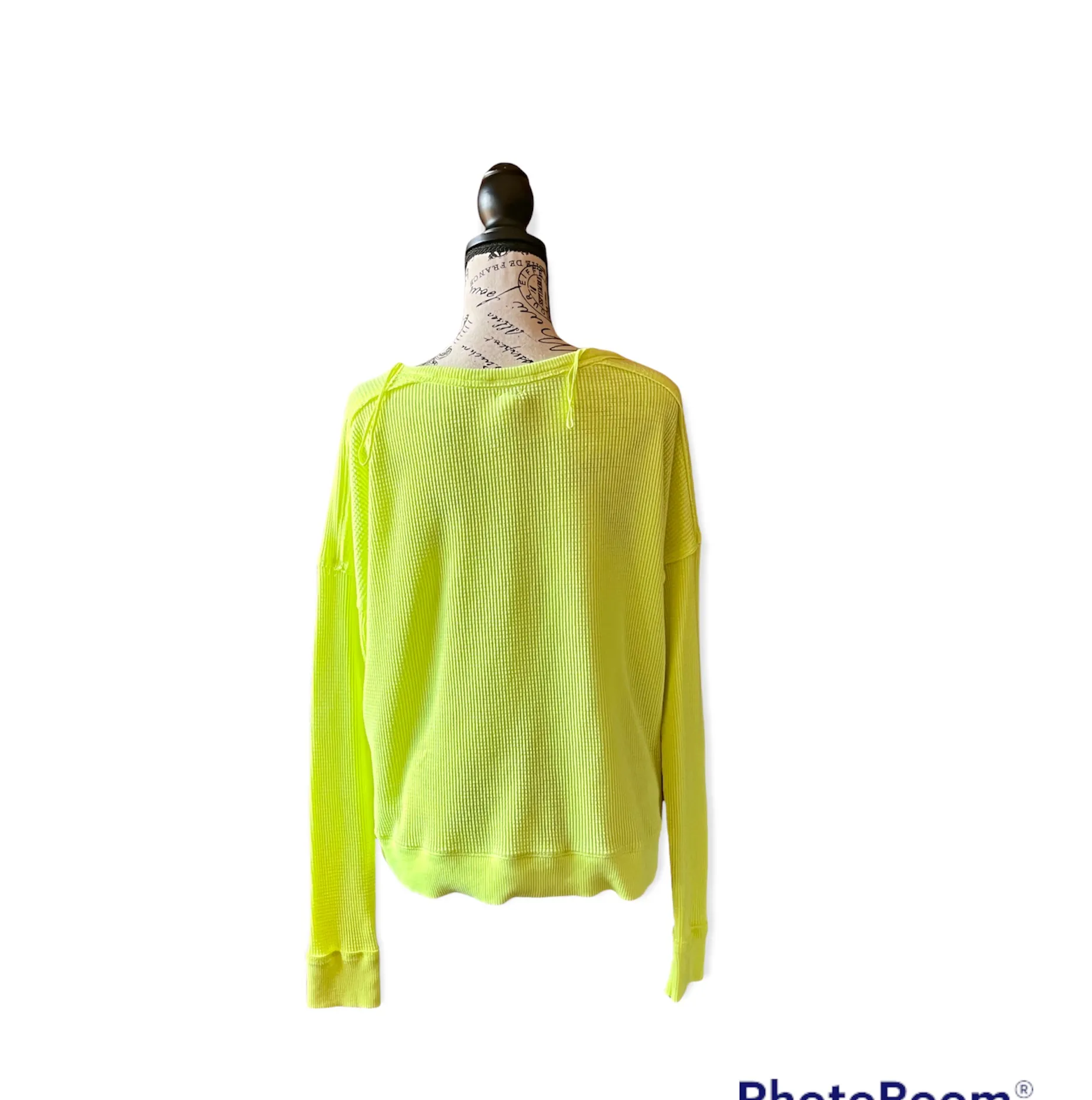 Womens  Neon Yellow Waffle Knit Thermal Pullover Long Sleeve Shirt S - Image 4