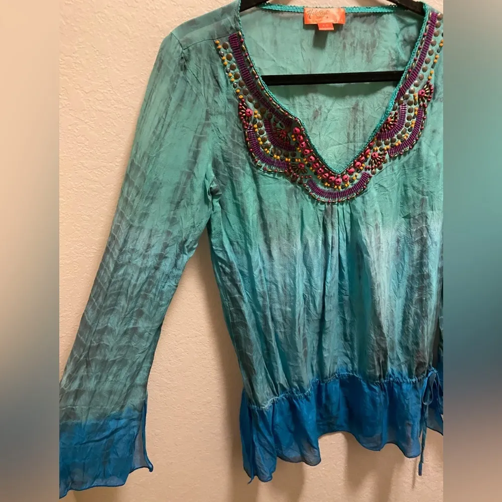 Hale Bob Cabana Silk Ombre Tie Dye Beaded V-Neck Top With Drawstring Waist - Image 7