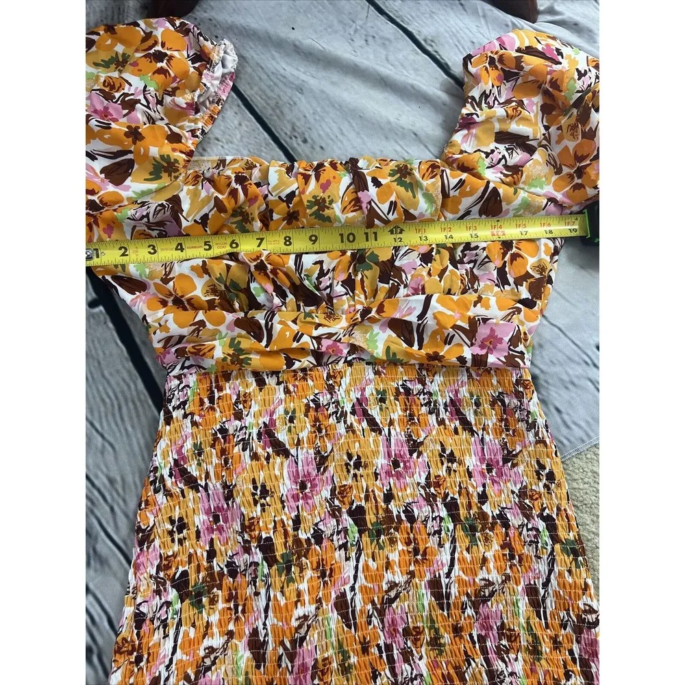Fashion Smocked Bottom Tie Back Floral Knee Length Dress Women’s L NWT Orange Size L - Image 7