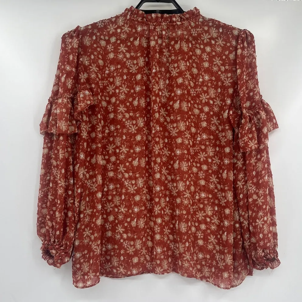 Black Tape Floral Peasant Top Sz 2X Rust Ruffle Sheer Chiffon Boho Swiss Dot Brown - Image 6