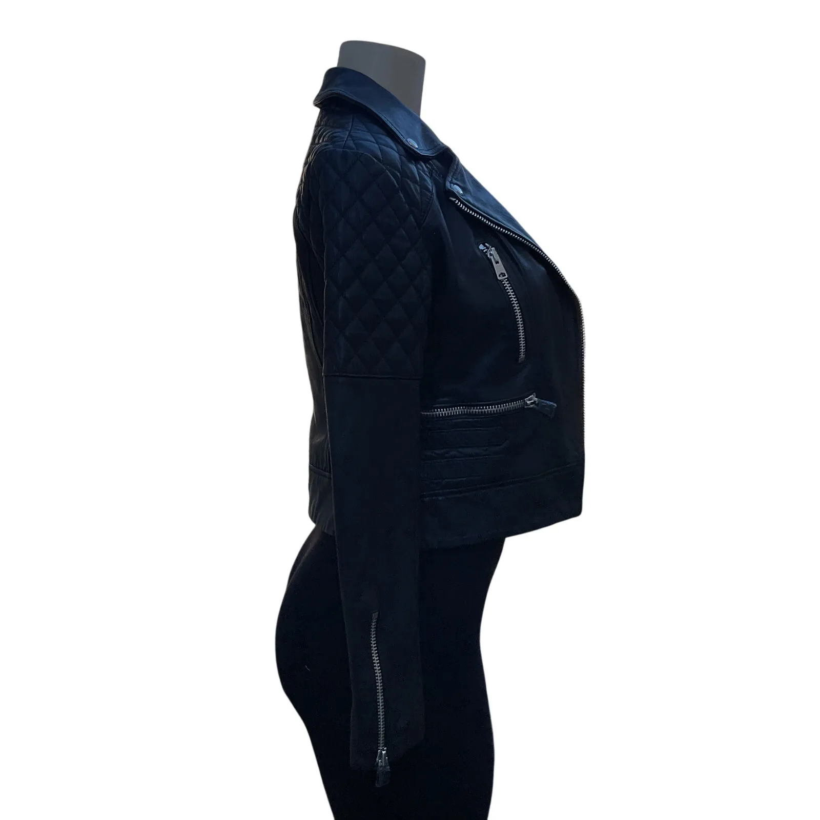 AllSaints Black Leather Moto Biker Jacket NWT Quilted Cropped Women US 2 - Image 5