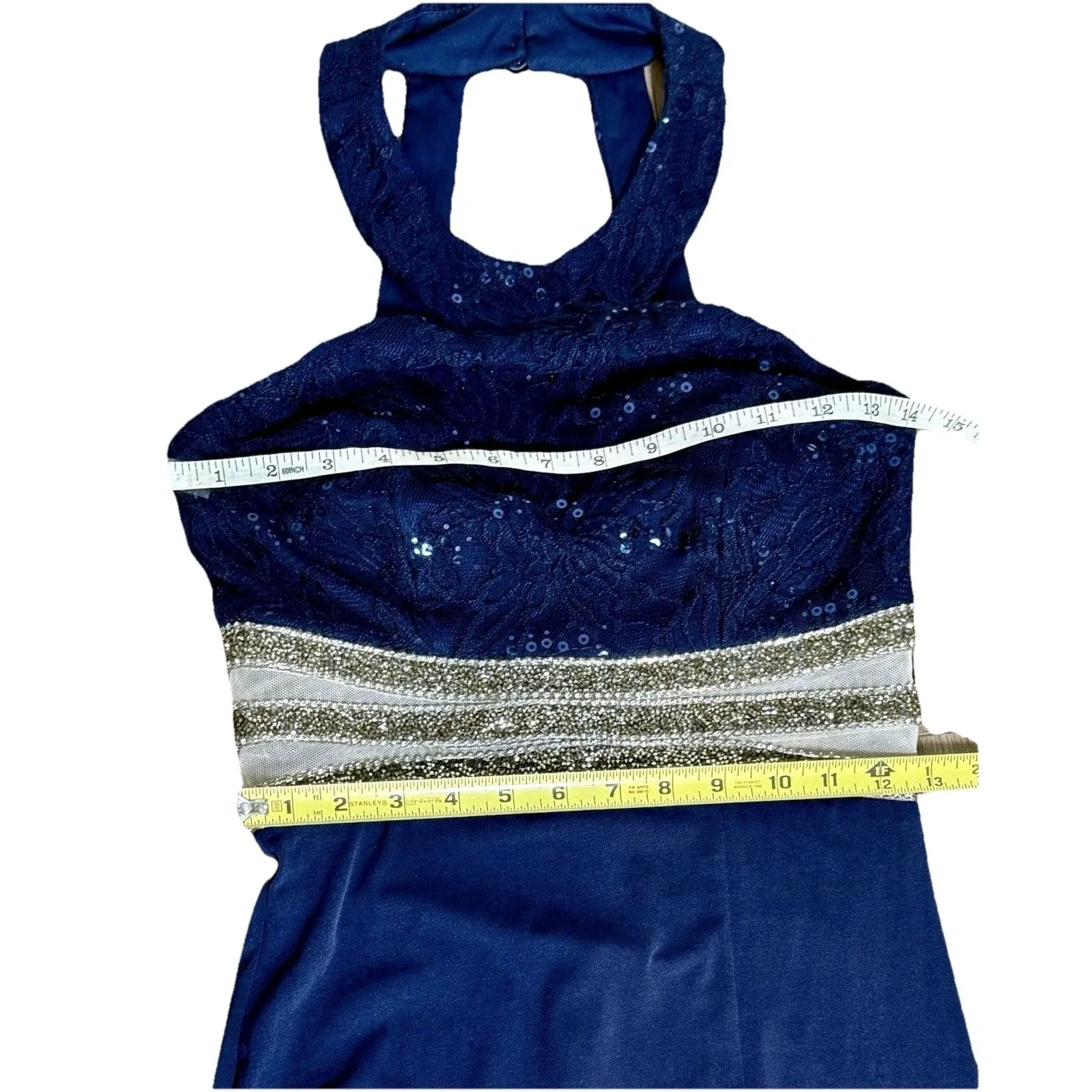 SPEECHLESS  Lace and Jersey Y-Neck Dress Beaded Waist 5 Navy Blue Party Dress - Image 8