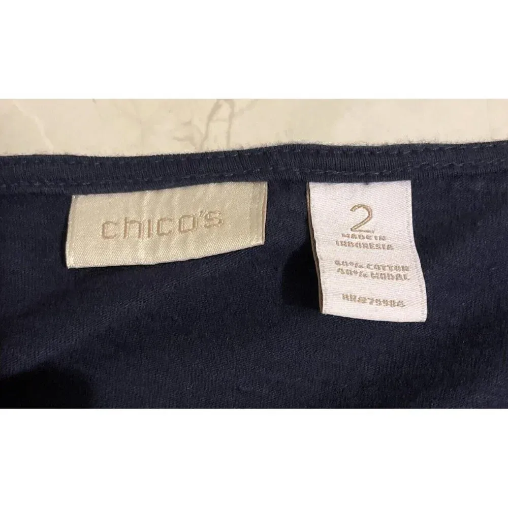 Chicos 2 US Medium Floral Blouse Midnight‎ Blue Fade Jenny Knit Top Artsy Boho - Image 6