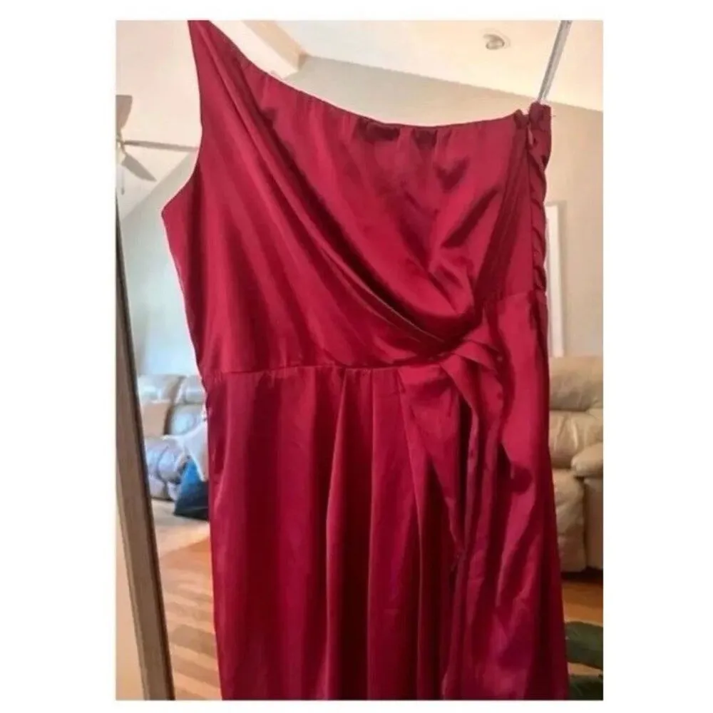 Lulus Law of Attraction Red Satin One-Shoulder Asymmetrical Midi Dress, Sz M - Image 2