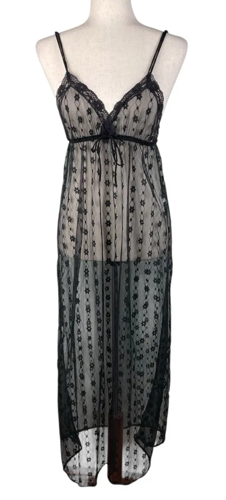 Vintage 1960s Beau Monde Lingerie Black Sheer Floral Long Nightgown Size Small - Image 1