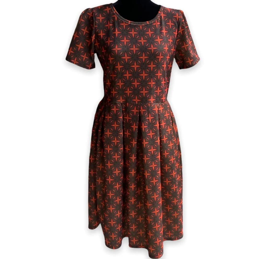 LuLaRoe Womens Dress Size XL Orange Brown Black Starburst Star Print Amelia NEW‎ - Image 2