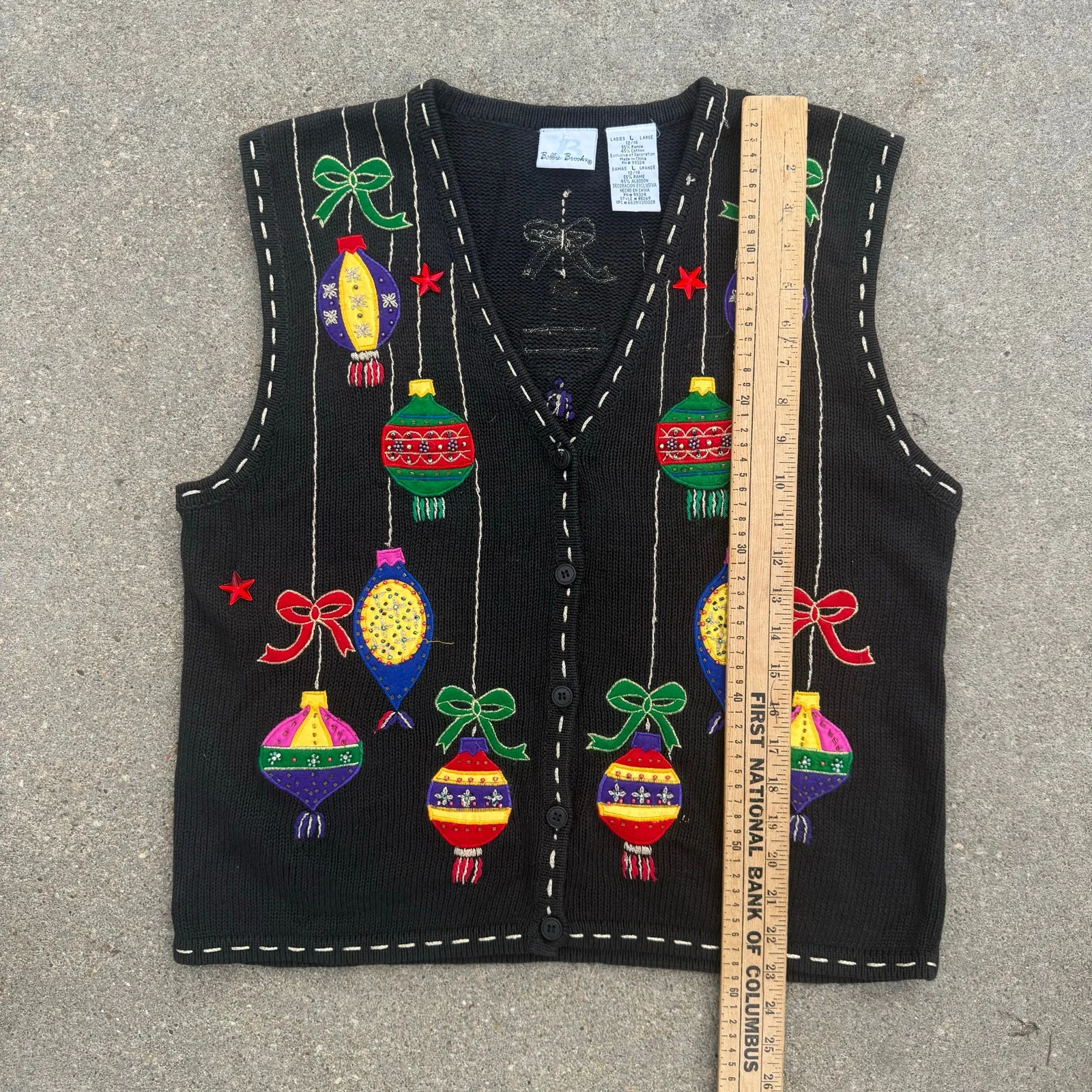 Vintage 90s Bobbie Brooks Christmas Ornaments Stars Sweater Vest Black LARGE - Image 7