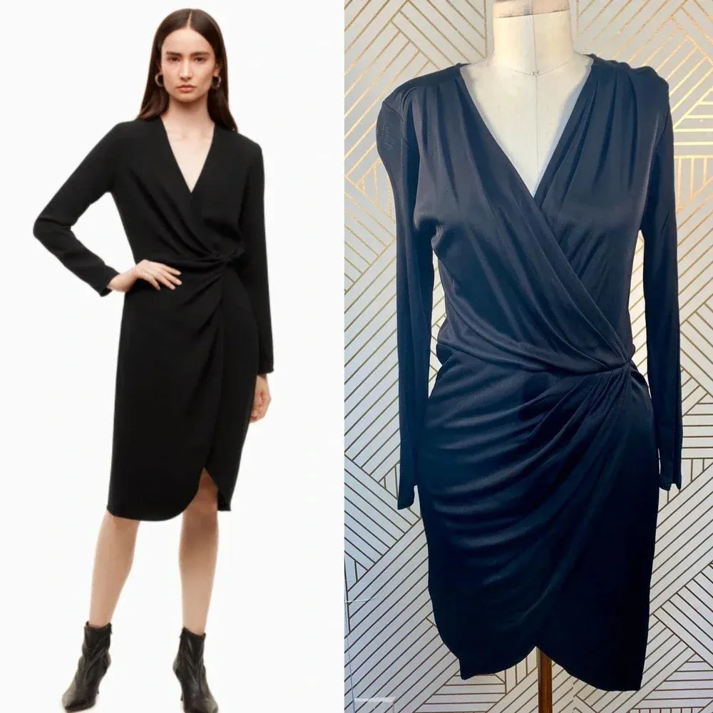 Aritzia Babaton Draped Dress Ruched Faux Wrap Long Sleeve Black Size‎ Small - Image 2