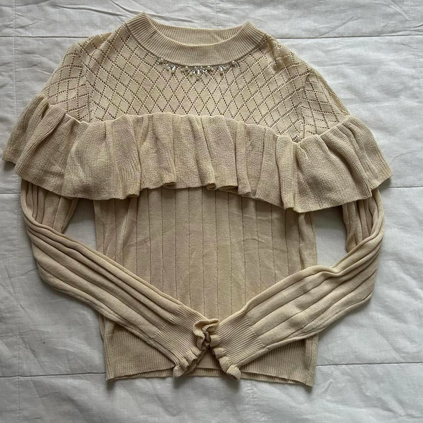 Axes Femme cream long sleeve sweater with ruffles beaded and pointelle detailing Tan Size M - Image 4