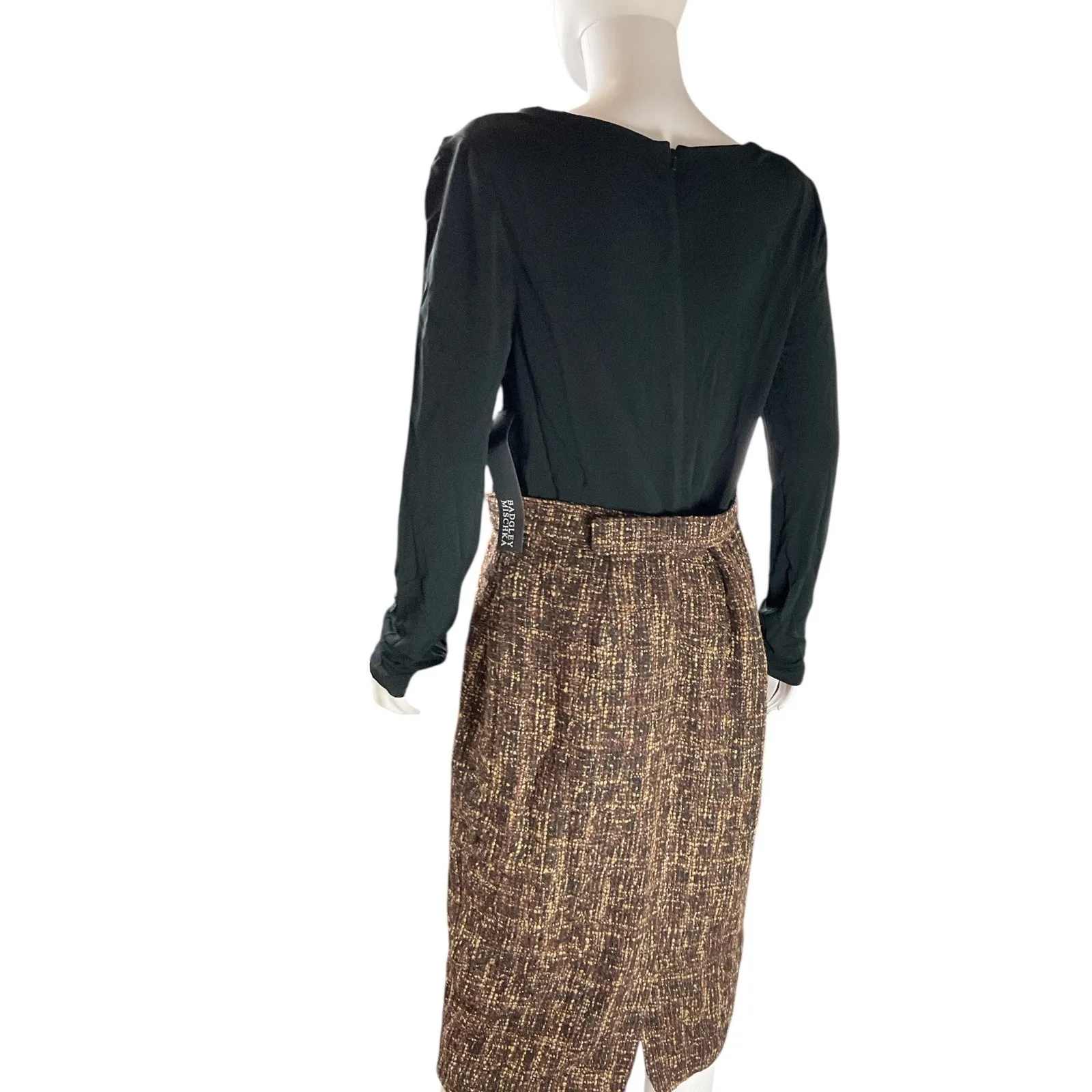 Badgley Mischka Women's Brown Tweed Skirt Suit Set‎ Cowl Neck Long Sleeve 12 - Image 5