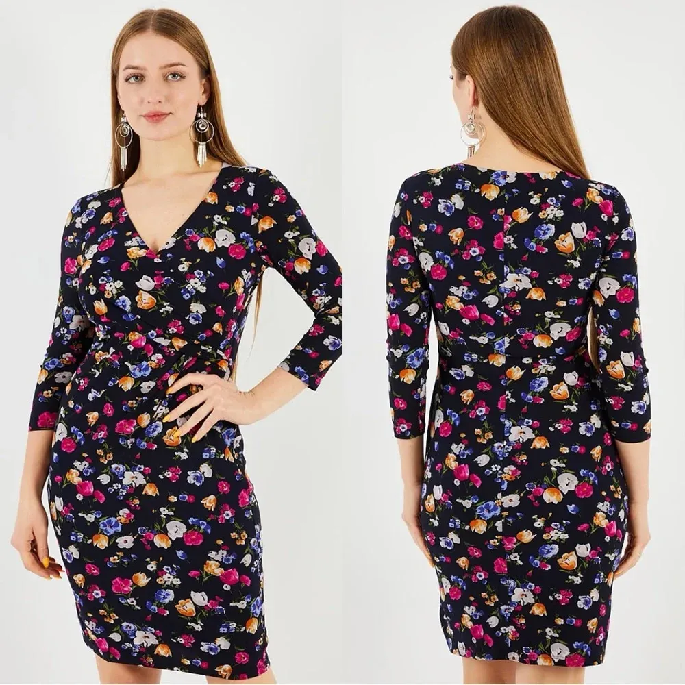 Lauren Ralph Lauren Cleora Front Twisted Floral Jersey Surplice Dress Navy 12 - Image 2