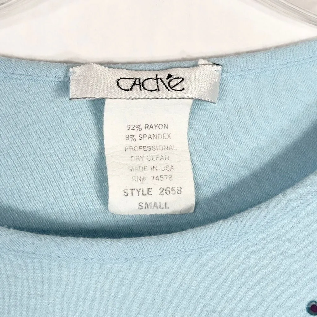 Cache Small‎ Top Knit Light Baby Blue Rhinestones Cut Out Cold Shoulder Y2K 1348 - Image 9