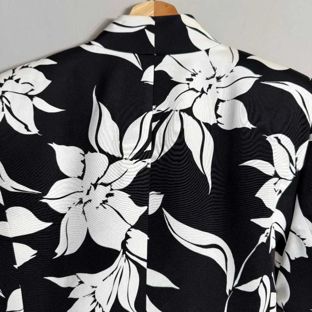 Flores & Flores 100% Silk Floral Open Front Blazer Jacket Women's 10 Black White - Image 8