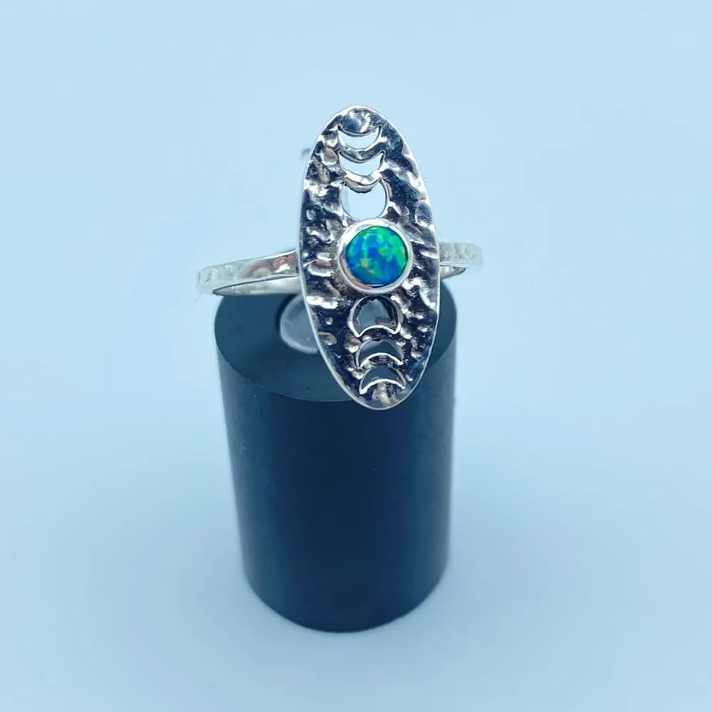 Sterling Silver Hammered  Moon Phase Fire Opal Ring Size 8 - Image 3