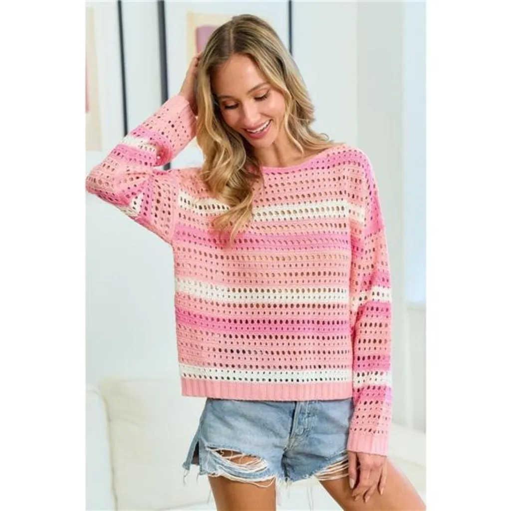 First Love Striped Long Sleeve Openwork Knit Top - Image 5