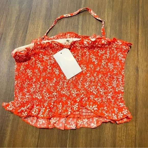 Roxy Smocked Halter Top Floral Print Ruffle Trim‎ Sleeveless Red S - Image 4