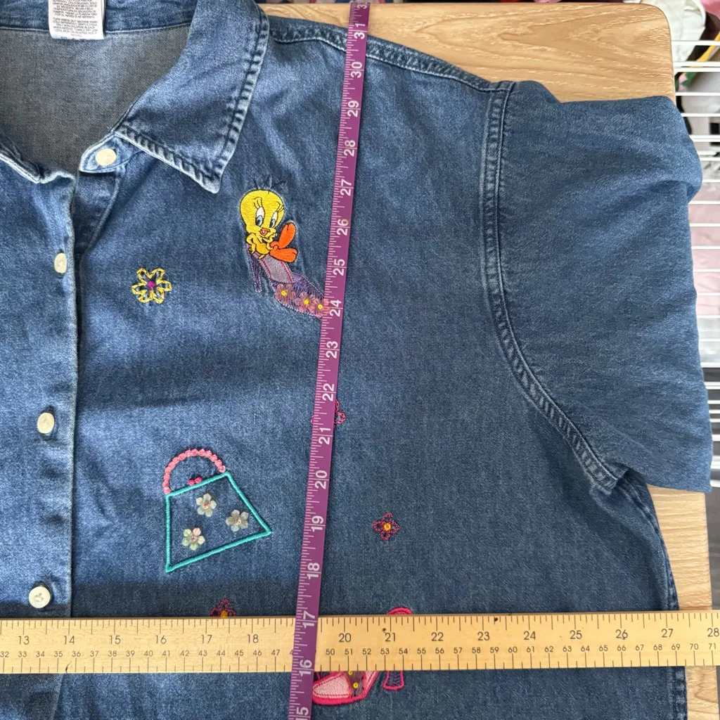 Warner Bros 90s XXL Tweety Embroidered Denim Shirt Retro Kidcore Looney Tunes Blue - Image 5