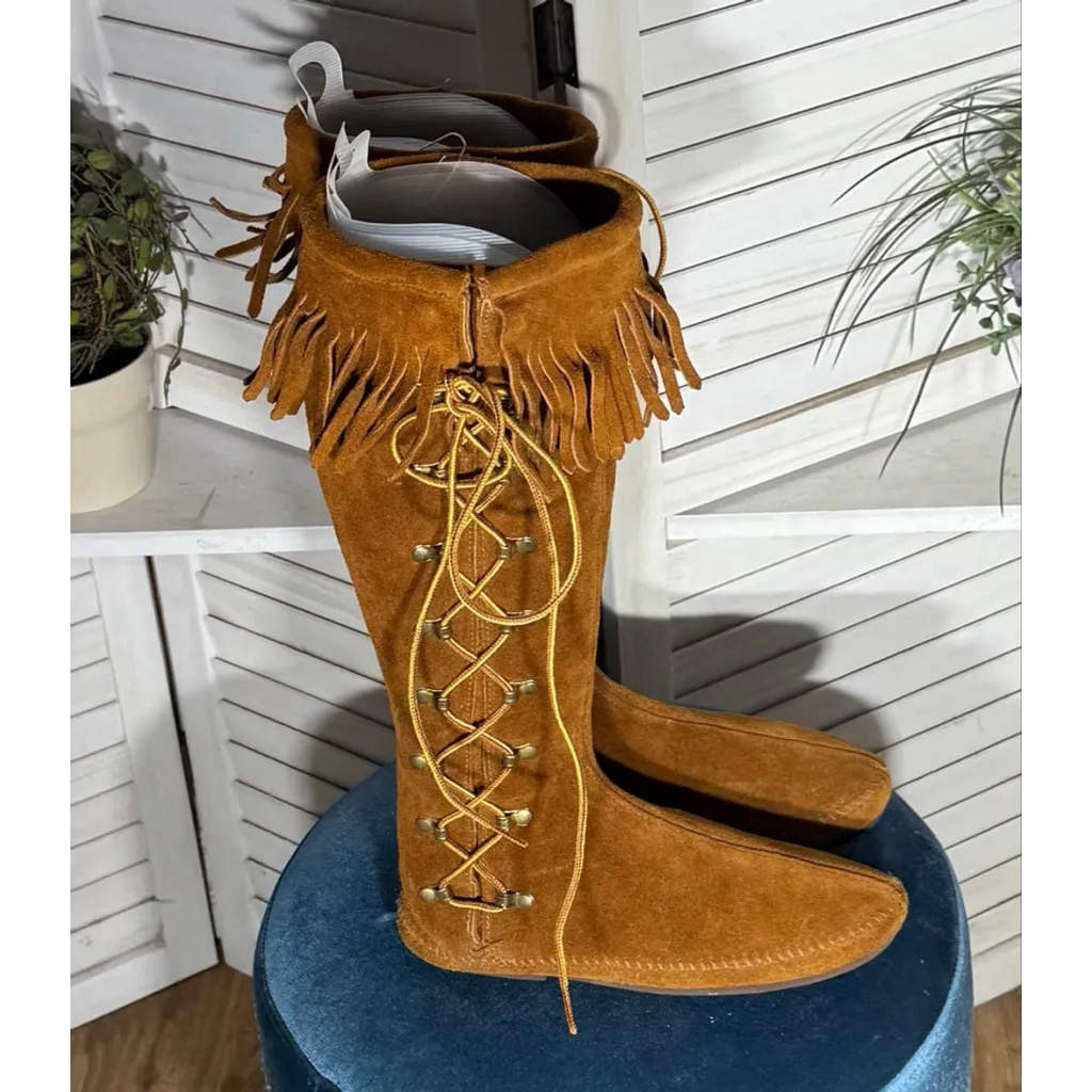 Vintage 70s Moccasin suede leather brown boots lace up knee high fringes sz 9 - Image 2