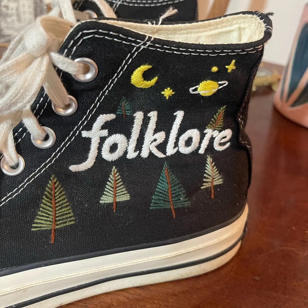 Taylor Swift Folklore Custom Embroidered Converse Black High-Top Sneakers 9.5 ✨ - Image 2