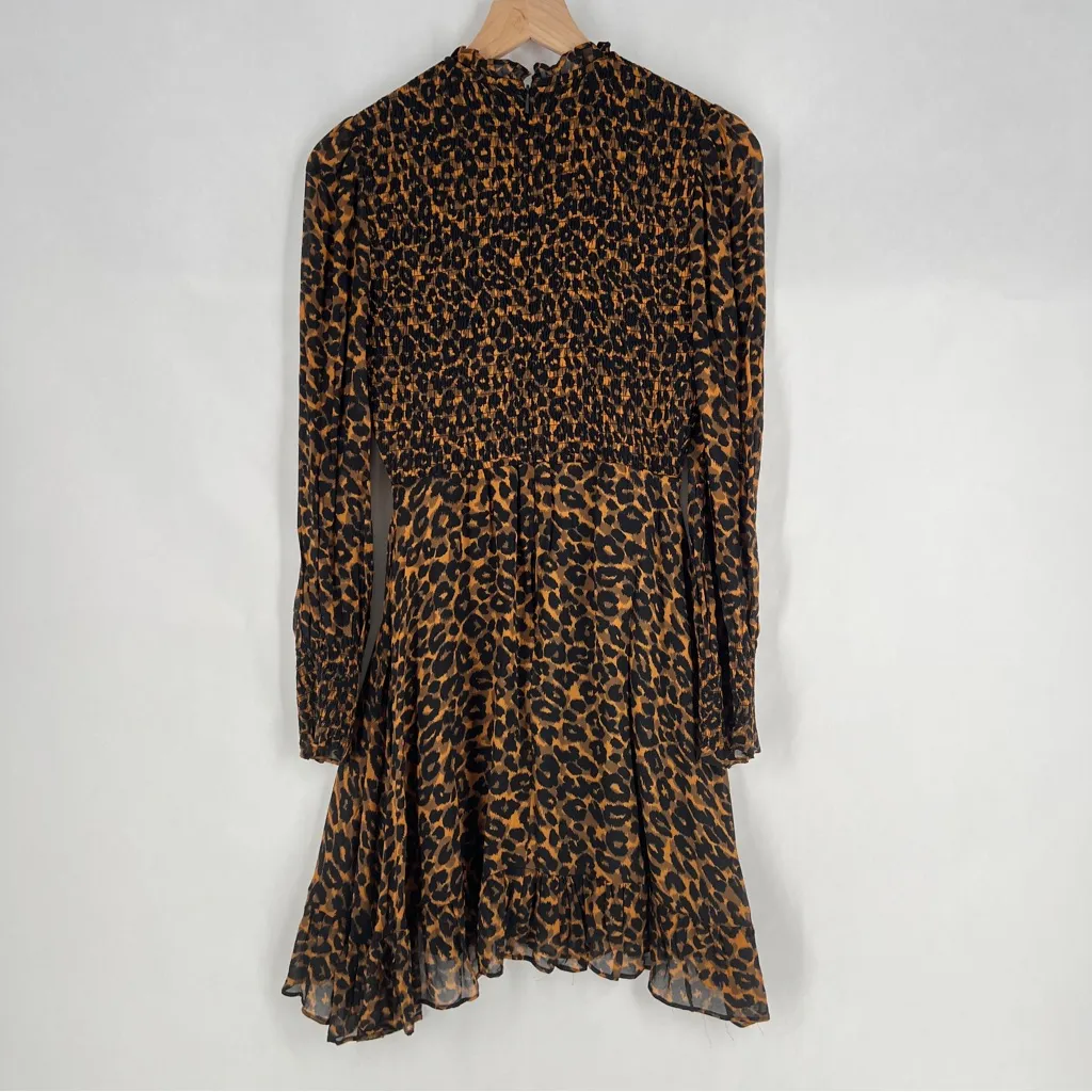 Whistles Classic Leopard Shirred Dress Long Sleeve Mini Mock Fit & Flare Size 6 Brown Size M - Image 12