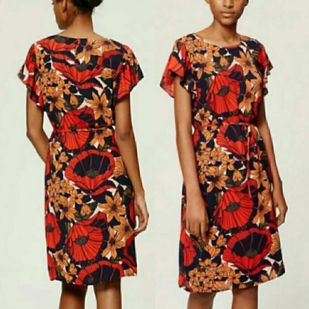ANN TAYLOR LOFT Autumn Blossom Flutter Dress Red Navy Blue Floral Midi NO BELT - Image 3