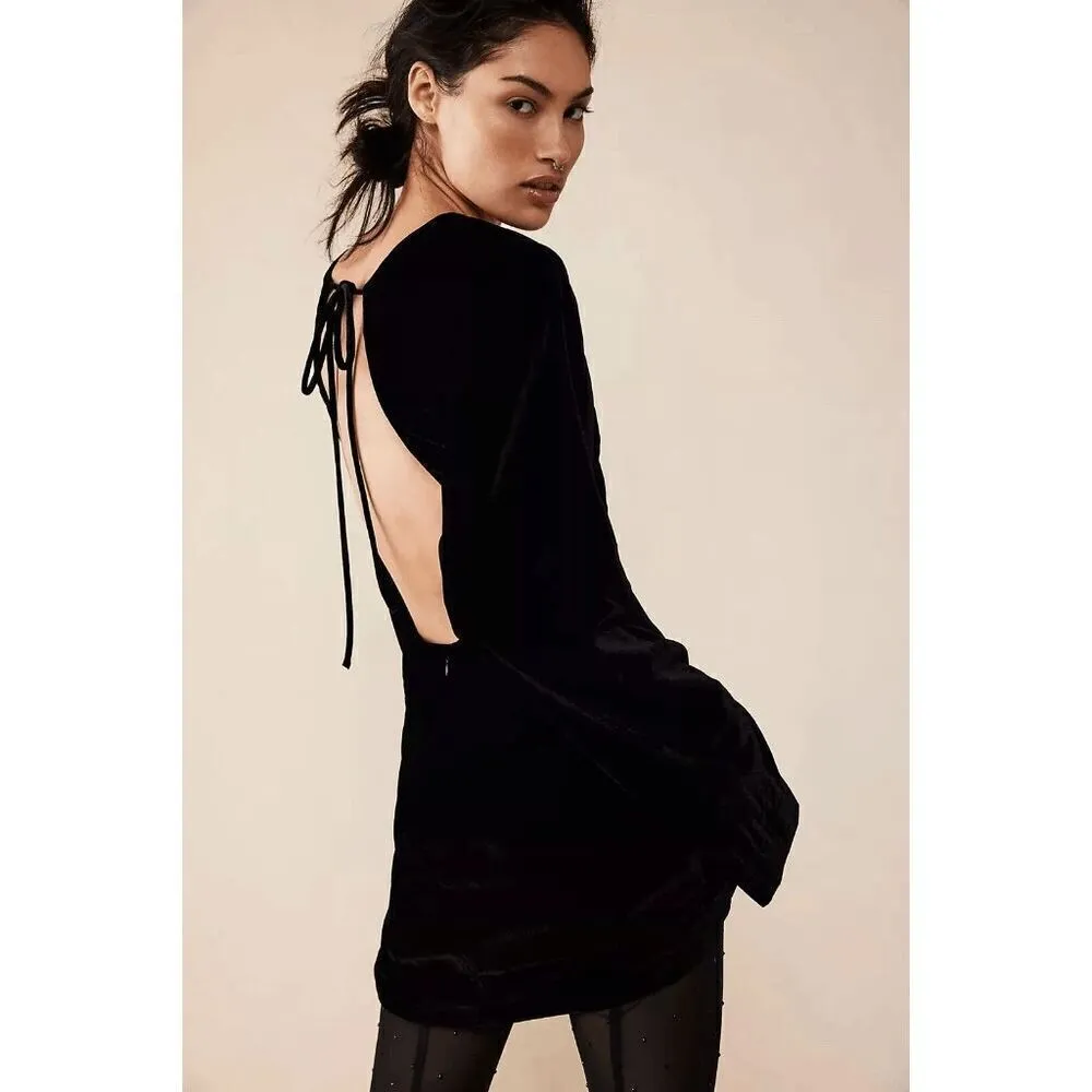 Free People Chelsey Black Long Sleeve Velvet Open Back Mini Dress Small NWOT - Image 2