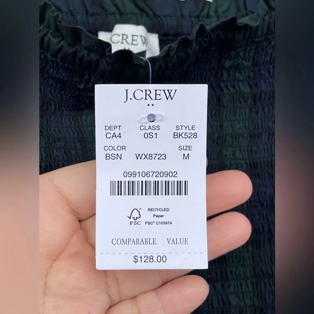 J. Crew Cotton  Smocked Tiered Plaid Midi Dress in Navy Green Tartan medium - Image 8