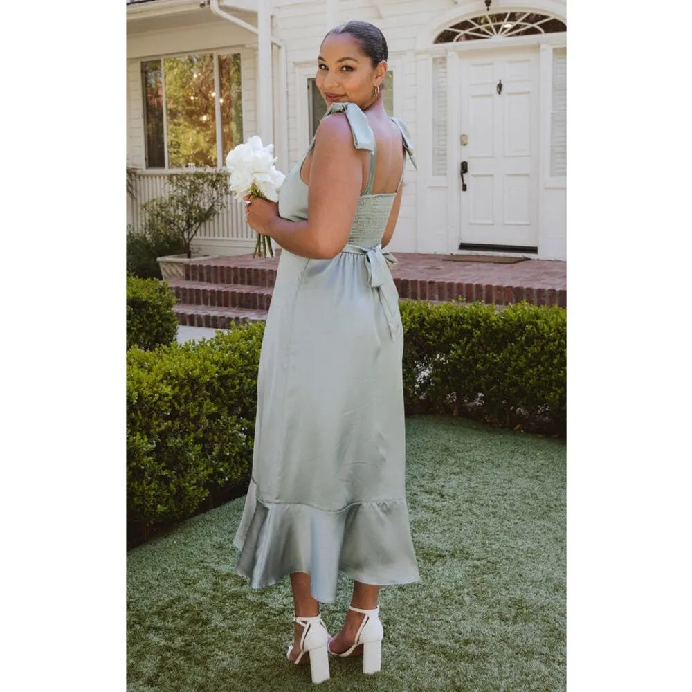 Show Me Your Mumu Claire Midi Dress in Silver Sage Luxe Satin M NWT - Image 2