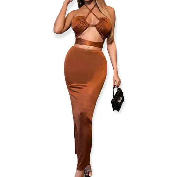 Shein Satin Halter Top & Maxi Skirt 2-Piece Set - L - Image 11