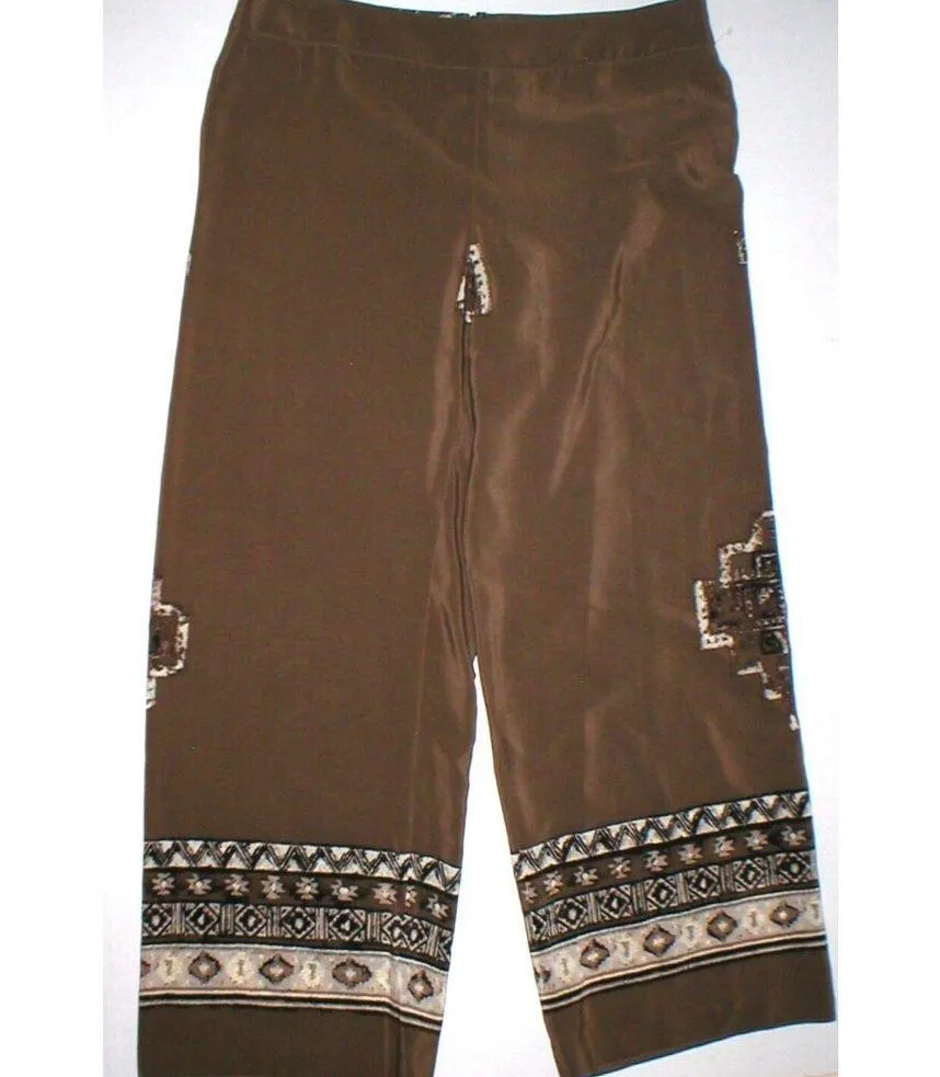 Womens Worth New York $498 0 USA Print Silk Pants Brown White Wide Ethnic Border - Image 3