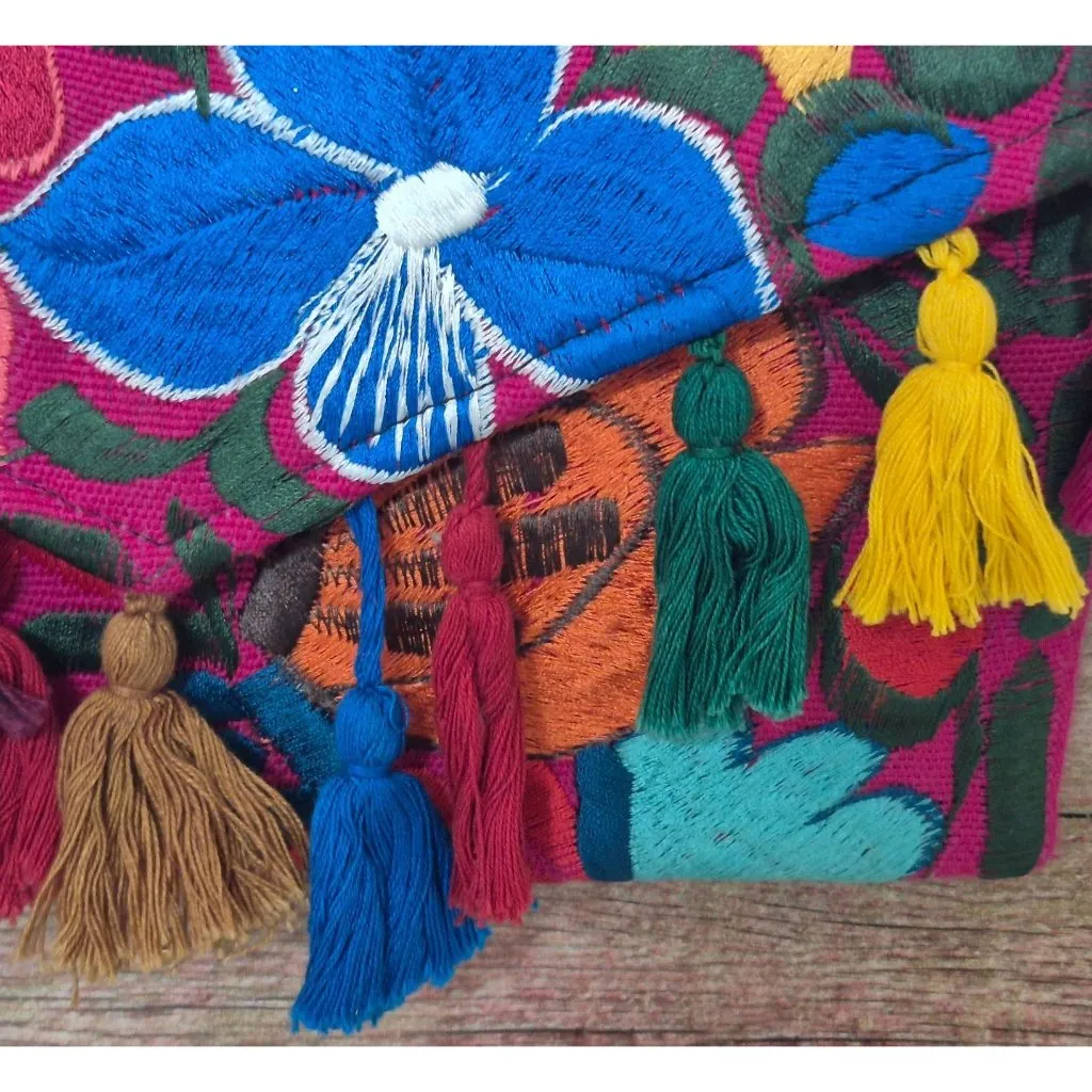 NWOT Mexican Embroidered Crossbody Envelope Purse Multicolor Floral Tassels - Image 3
