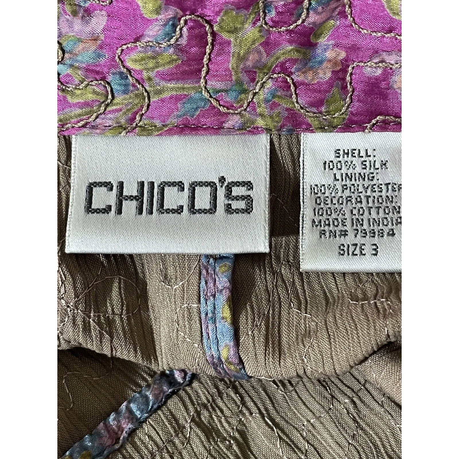 Chico's Size 3 US 16 Silk Multicolor Floral Patchwork Textured Blazer Jacket - Image 7